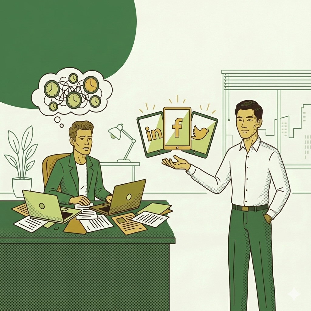 Business owner having no time for posting content